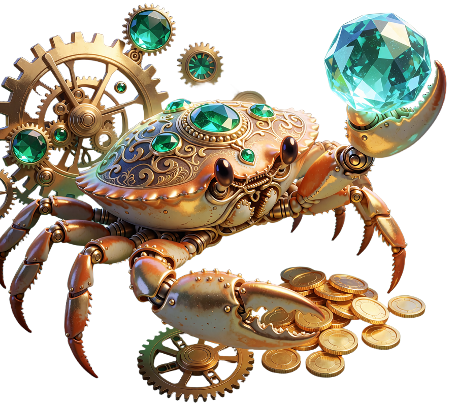 Złoty mechaniczny krab z klejnotami na pancerzu unosi świecącą akwamarynową kulę - Bonus Crab w Millioner Casino