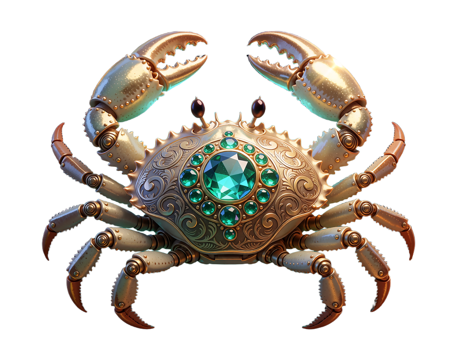 Złoty mechaniczny krab z akwamarynowym klejnotem na pancerzu - maskotka mechaniki Bonus Crab w Millioner Casino
