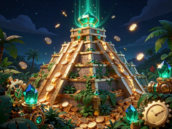 Złota schodkowa piramida z szmaragdem na szczycie, z kt&oacute;rego bije zielony promień, otoczona dżunglą - slot z Bonus Buy