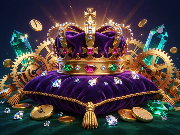 Złota korona z diamentami i rubinami na fioletowej poduszce - ilustracja slot&oacute;w z jackpotem w Millioner Casino