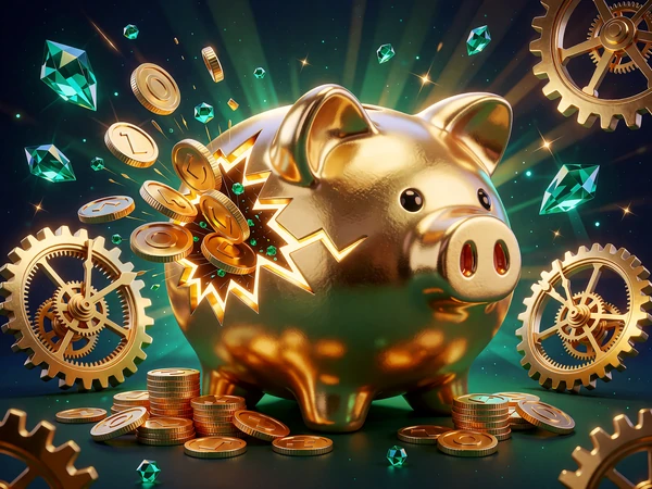 Pękająca złota skarbonka-świnka, z kt&oacute;rej sypią się monety i szmaragdy - ilustracja slot&oacute;w z funkcją Bonus Buy